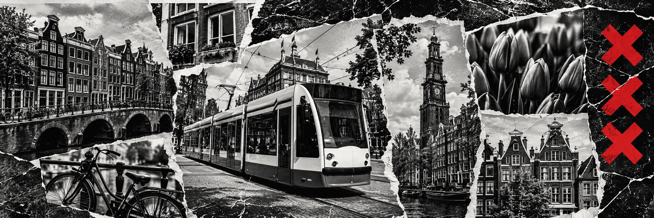 Black and white collage of Amsterdam: canal houses, a tram, a church tower and tulips, with three red crosses from the city flag